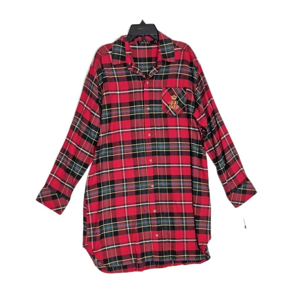 Lauren Ralph Lauren Women's Pajama Top Size S Flannel Plaid Logo Shirt (07)